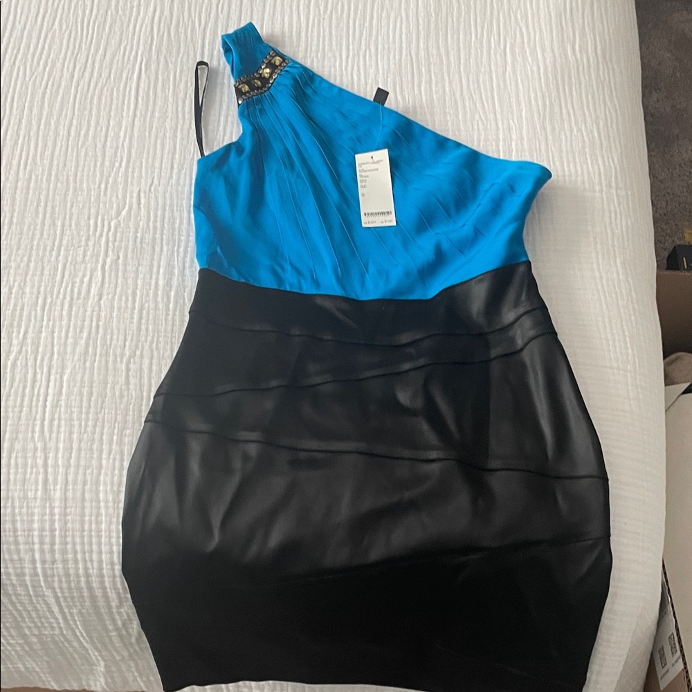 bebe One-Shoulder Dress in Blue and Black
